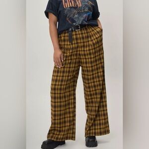 Nasty Gal Plaid Brown & Yellow Check Wide Leg Retro Y2K Pants Size 12 Raw Hem